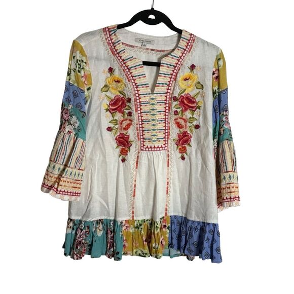 John Mark Women's Embroidered Bell Sleeve Patchwork Linen Top Multicolor Small - Picture 1 of 7